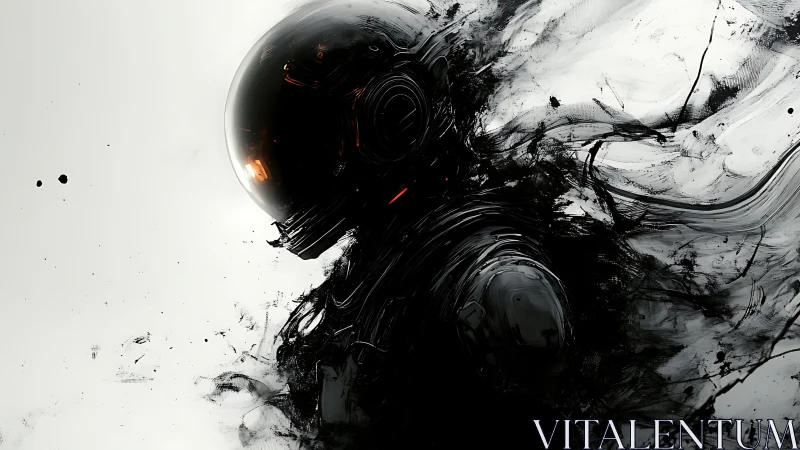 Astronaut silhouette dissolving into monochrome ink vortices