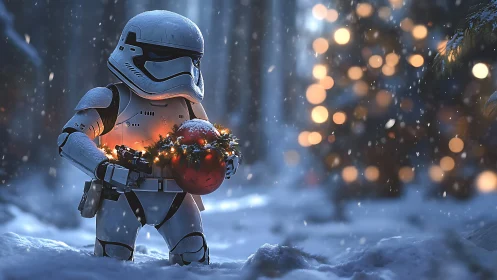 Armored figure holding ornament in snowy forest setting.