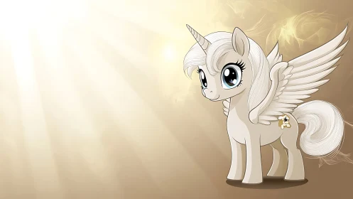 Winged unicorn character stands under directional light beams