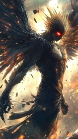 Dark winged humanoid with glowing eyes in fiery light.