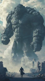 Giant stone humanoid over ruined landscape with lone figure.