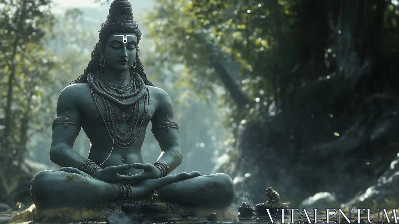Forest silence crowns the meditating blue deity in light