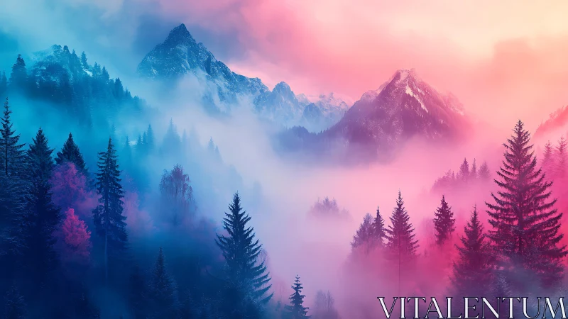 Dream-kissed mountain forest wrapped in cotton-candy mist.