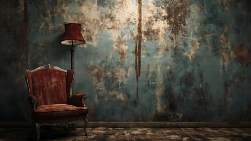 Vintage armchair rests against a peeling, distressed blue wall.