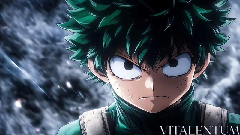 Intense green haired anime hero amid storming motion blur.