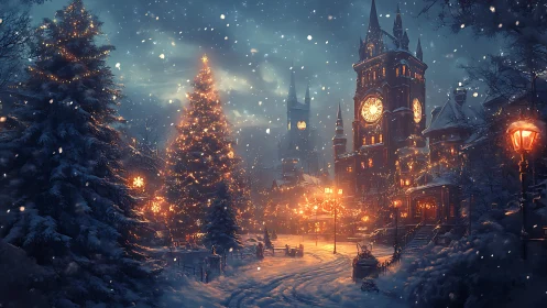 Winter clocktower square under glowing Christmas lights.