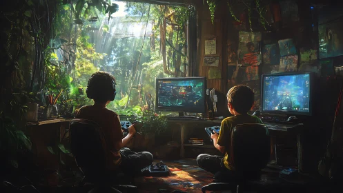 Two gamers connect in a lush jungle room of glowing screens.