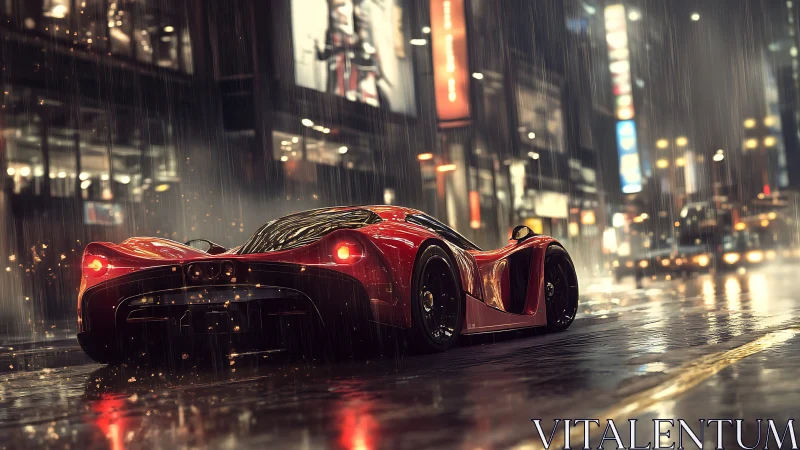Midnight red supercar glows on a rainy neon city street