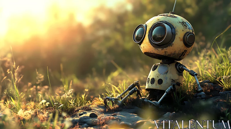 Weathered yellow scout robot sits in backlit meadow, high DOF