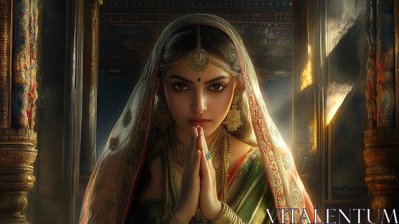 Regal Indian woman offers namaste in golden temple light.