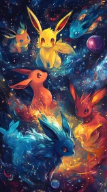 Elemental fox creatures swirl through luminous cosmic nebula.