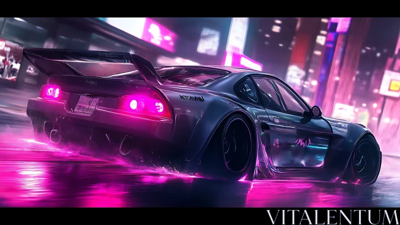 Cyberpunk drift coupe in neon-soaked nocturnal streetscape.