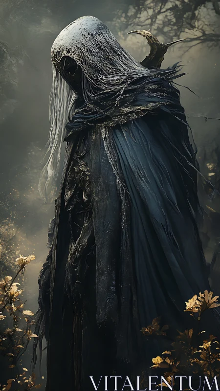 Shrouded reaper stands in a misty forest of fading gold