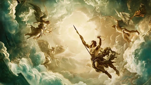 Heroic celestial warrior ascends through radiant storm clouds.
