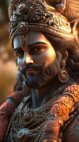 Regal warrior deity in ornate gold and rudraksha armor.