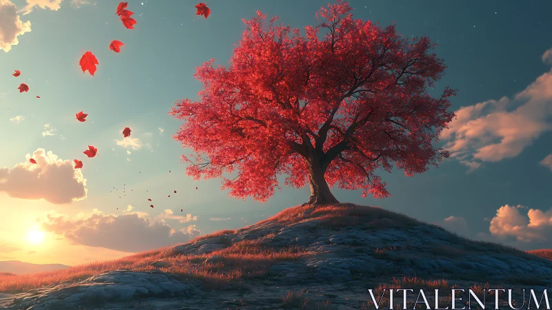 Solitary red tree on hill at sunset with drifting leaves.