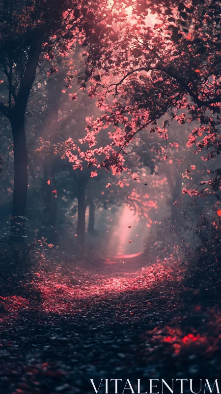 Red-toned forest tunnel path with luminous foliage and atmospheric mist
