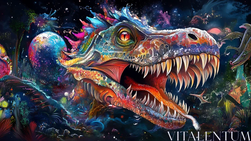 Chromatic cosmic dinosaur head with mosaic scales and nebulae