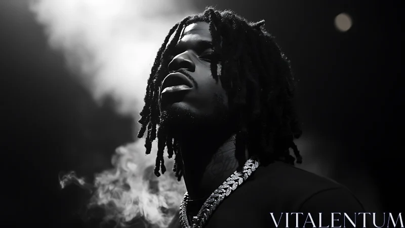 Smoke crowns the spotlighted rapper in grayscale calm