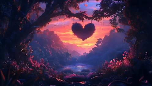 Digitally Rendered Fantasy Landscape with Central Heart Symbol at Sunset