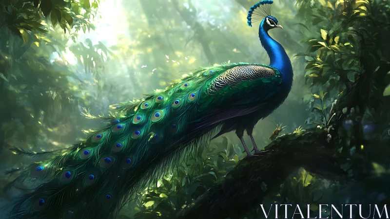 Majestic peacock in sunlit forest, vibrant digital art scene.