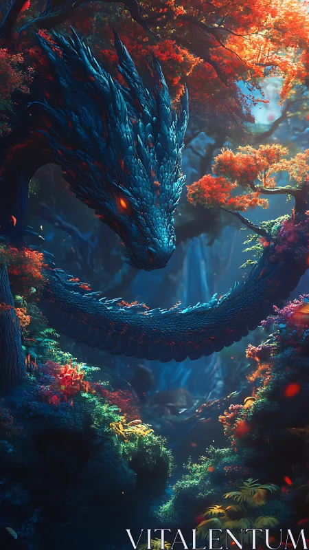 Luminous forest dragon coils through glowing autumn canopy