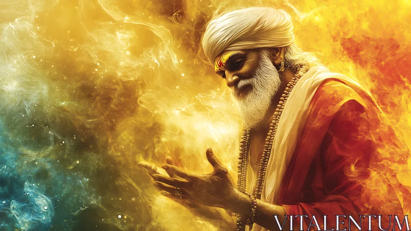 Elderly robed man stands in swirling yellow and blue light