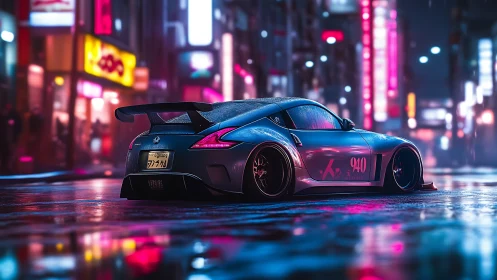 Neon lit street racer glows softly in a rainy city night