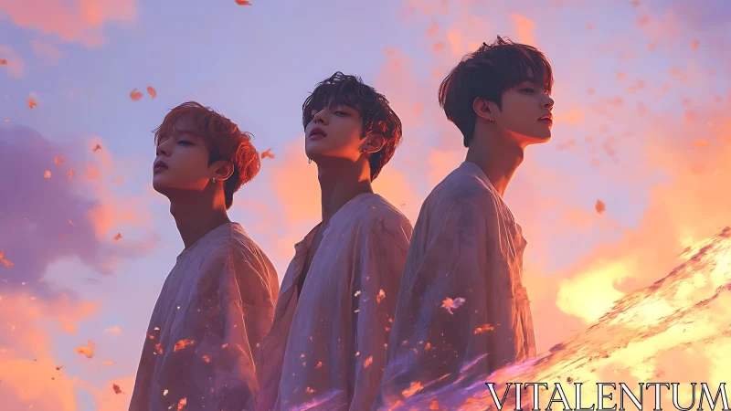 Three dreamers standing in a glowing sunset blossom storm.