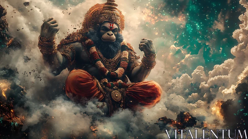Mythological simian deity figure in ornate cosmic setting.
