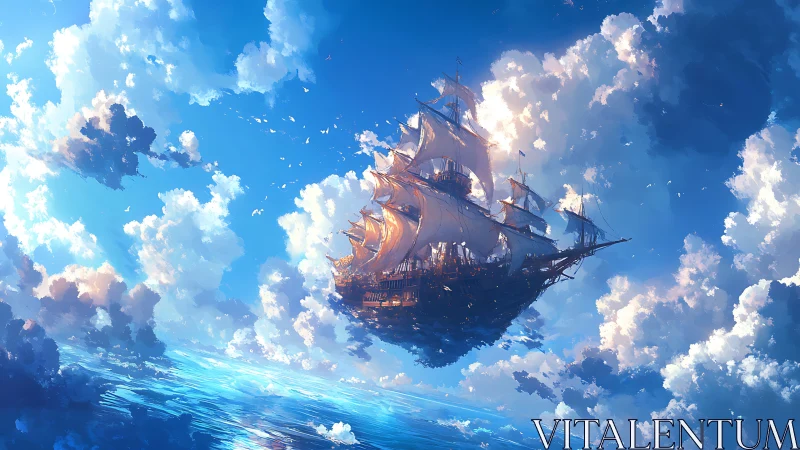 Flying sailing ship drifting through bright cloudscape.