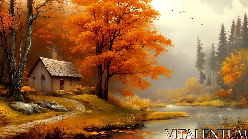 Small riverside cottage sits under dense orange autumn trees