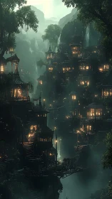 Multi level forest settlement with illuminated wooden huts.