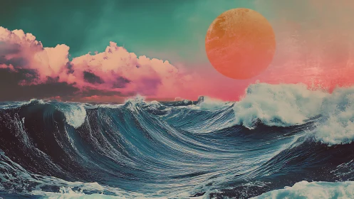 Neon storm waves under surreal coral sun horizon