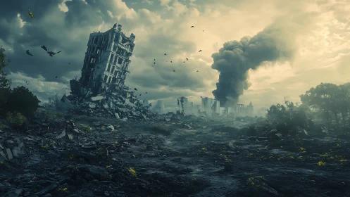 War-torn city ruins under heavy clouds and rising smoke.