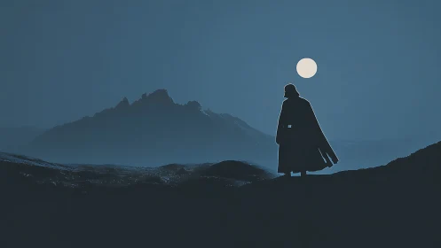 Lone cloaked figure surveys moonlit mountain horizon at dusk