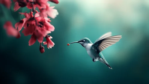 Hummingbird approaches red blossoms against soft teal background.