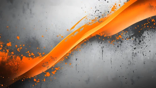 Dynamic Orange Ribbon and Splatter on Grayscale Abstract Background.