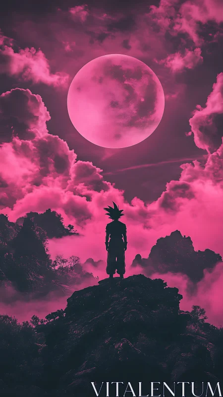 Silhouetted warrior under vivid magenta lunar sky.