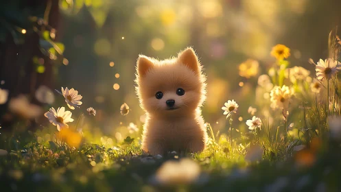 Fluffy puppy bathed in golden backlight amid wildflowers.