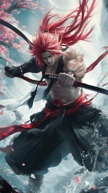 Red haired swordsman in dynamic battle among blossoms.