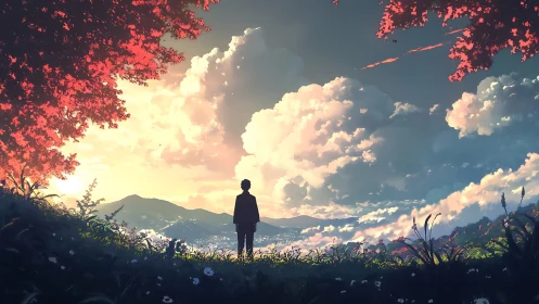 Lone figure facing glowing valley sky under red trees.