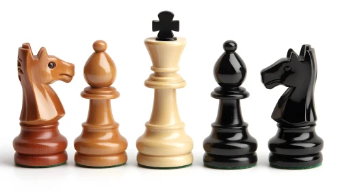 Classic wooden chess pieces in close-up, detailed studio style.