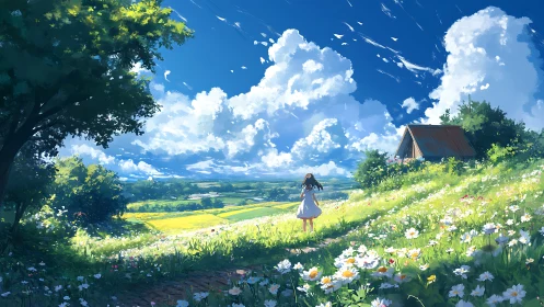 Anime landscape portrays girl in sunlit meadow under vast clouds