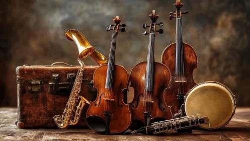 Assorted classical instruments aligned on rustic wooden table.
