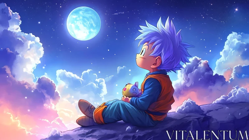 Anime nightscape with child dreamer and luminous moonlit sky.