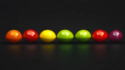 Row of glossy colorful candies on dark reflective surface.
