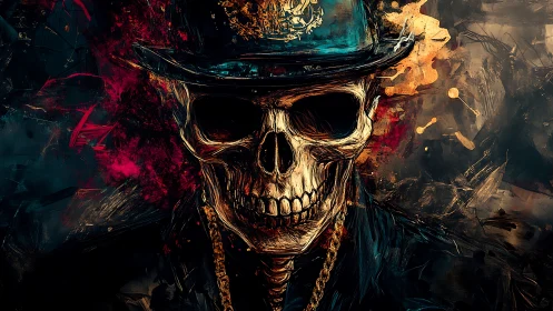 Baroque-styled skeletal portrait with top hat and abstract blaze