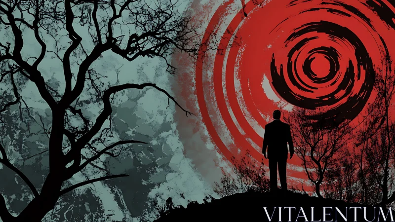 Solitary human figure observes large concentric red vortex