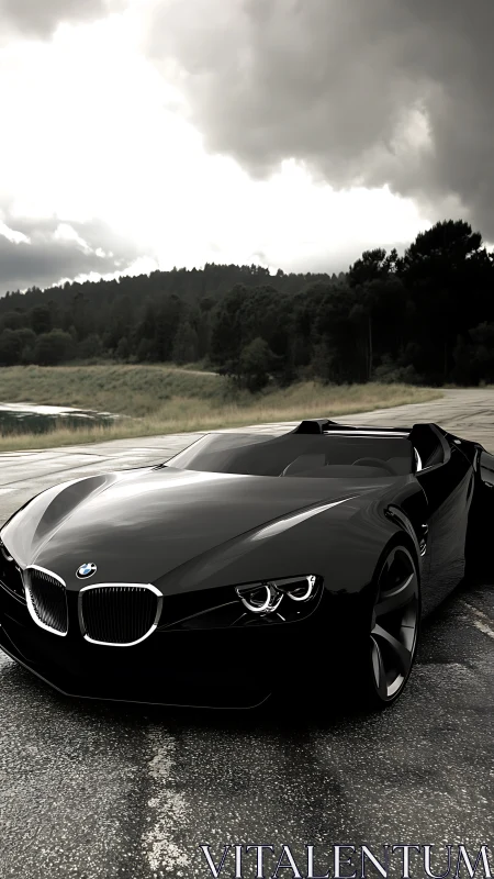 Sleek black roadster resting beneath stormy forest skies.